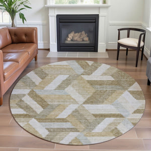 HomeRoots 8' X 8' Washable Round Rug in Tan, Ivory & Brown - UV Protected, Non-Slip, Modern Geometric Design 692457
