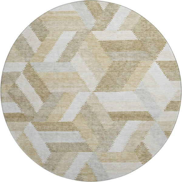 HomeRoots 8' X 8' Washable Round Rug in Tan, Ivory & Brown - UV Protected, Non-Slip, Modern Geometric Design 692457