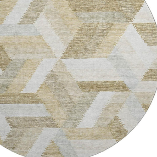 HomeRoots 8' X 8' Washable Round Rug in Tan, Ivory & Brown - UV Protected, Non-Slip, Modern Geometric Design 692457