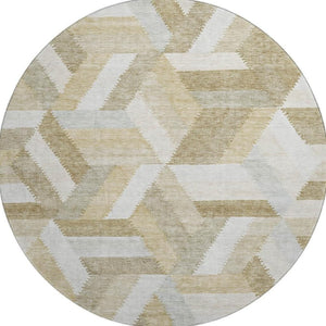 HomeRoots 8' X 8' Washable Round Rug in Tan, Ivory & Brown - UV Protected, Non-Slip, Modern Geometric Design 692457