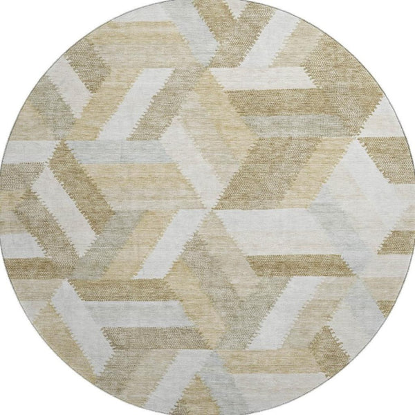 HomeRoots 8' X 8' Washable Round Rug in Tan, Ivory & Brown - UV Protected, Non-Slip, Modern Geometric Design 692457