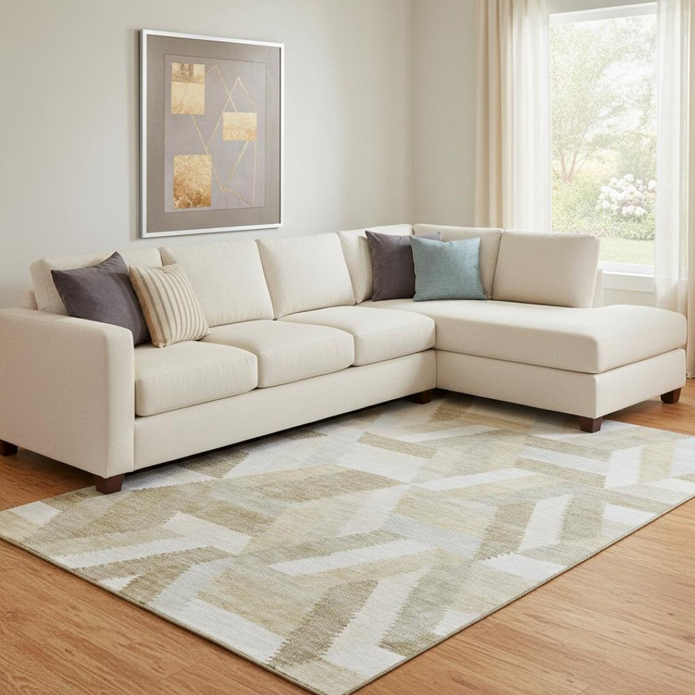 HomeRoots 8' Modern Tan and Ivory Geometric Area Rug - Washable, Stain Resistant, UV Protected for Style & Durability 692458