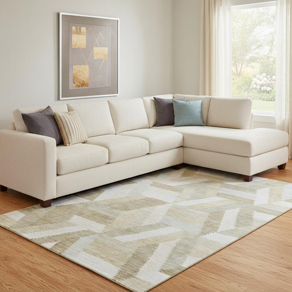 HomeRoots 8' Modern Tan and Ivory Geometric Area Rug - Washable, Stain Resistant, UV Protected for Style & Durability 692458