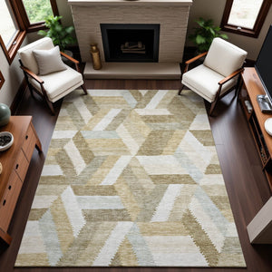 HomeRoots 8' Modern Tan and Ivory Geometric Area Rug - Washable, Stain Resistant, UV Protected for Style & Durability 692458