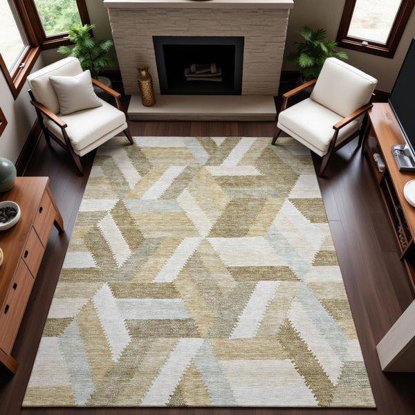 HomeRoots 8' Modern Tan and Ivory Geometric Area Rug - Washable, Stain Resistant, UV Protected for Style & Durability 692458