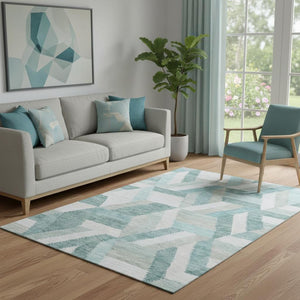 HomeRoots 5' X 8' Geometric Area Rug in Teal, Ivory & Gray - Washable, UV-Protected, Durable for Homes 692462