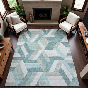 HomeRoots 5' X 8' Geometric Area Rug in Teal, Ivory & Gray - Washable, UV-Protected, Durable for Homes 692462