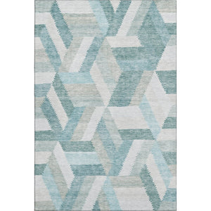 HomeRoots 5' X 8' Geometric Area Rug in Teal, Ivory & Gray - Washable, UV-Protected, Durable for Homes 692462