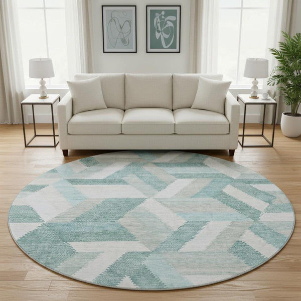 HomeRoots 8' X 8' Teal Ivory and Gray Geometric Washable Round Rug - Durable, Stylish, UV Protected for Homes 692463