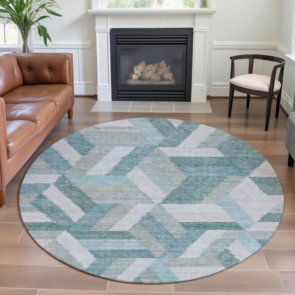 HomeRoots 8' X 8' Teal Ivory and Gray Geometric Washable Round Rug - Durable, Stylish, UV Protected for Homes 692463