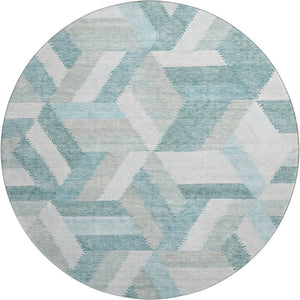 HomeRoots 8' X 8' Teal Ivory and Gray Geometric Washable Round Rug - Durable, Stylish, UV Protected for Homes 692463