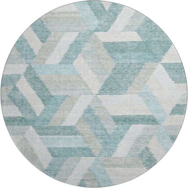 HomeRoots 8' X 8' Teal Ivory and Gray Geometric Washable Round Rug - Durable, Stylish, UV Protected for Homes 692463