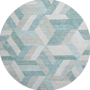 HomeRoots 8' X 8' Teal Ivory and Gray Geometric Washable Round Rug - Durable, Stylish, UV Protected for Homes 692463