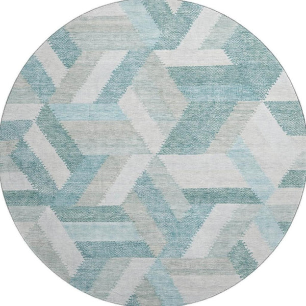 HomeRoots 8' X 8' Teal Ivory and Gray Geometric Washable Round Rug - Durable, Stylish, UV Protected for Homes 692463