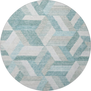 HomeRoots 8' X 8' Teal Ivory and Gray Geometric Washable Round Rug - Durable, Stylish, UV Protected for Homes 692463