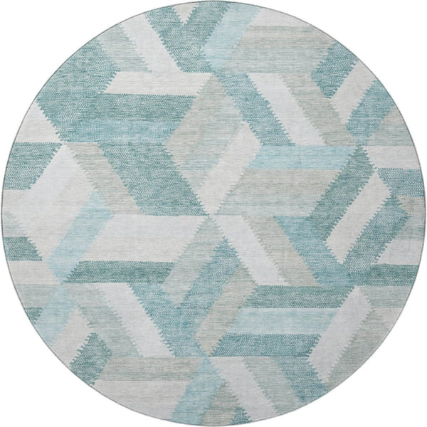 HomeRoots 8' X 8' Teal Ivory and Gray Geometric Washable Round Rug - Durable, Stylish, UV Protected for Homes 692463