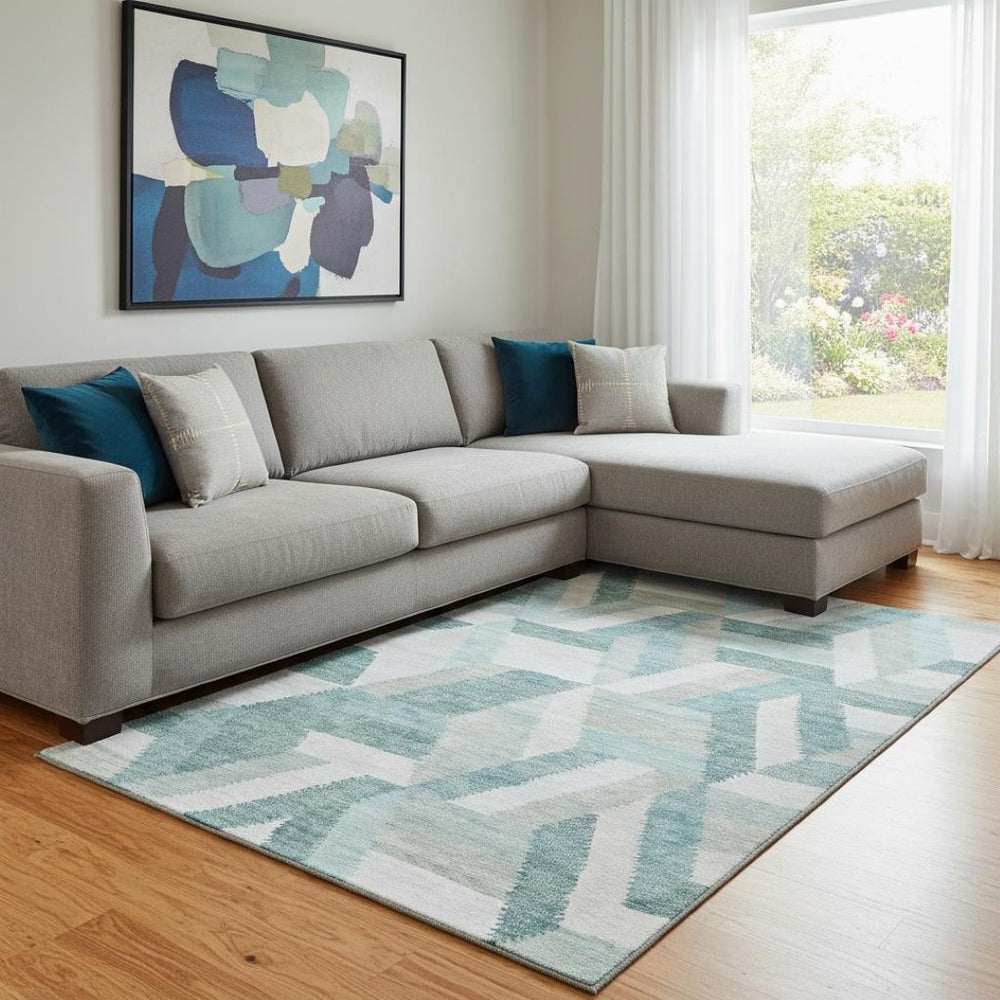 HomeRoots 8' Teal Ivory and Gray Geometric Area Rug - Washable, UV-Protected, Stylish for High-Traffic Spaces 692464