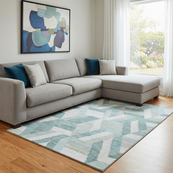 HomeRoots 8' Teal Ivory and Gray Geometric Area Rug - Washable, UV-Protected, Stylish for High-Traffic Spaces 692464