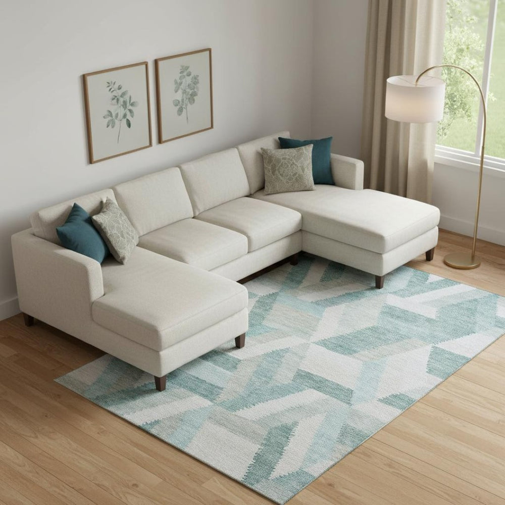 HomeRoots 9' X 12' Teal, Ivory & Gray Geometric Washable Area Rug – Family-Friendly, UV-Protected Comfort! 692465