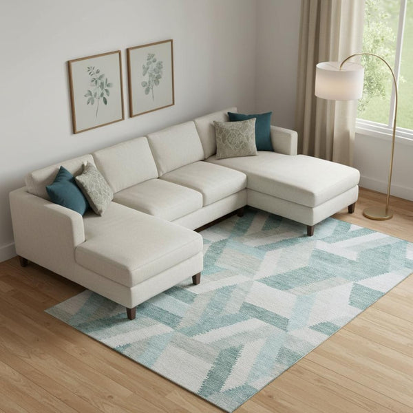 HomeRoots 9' X 12' Teal, Ivory & Gray Geometric Washable Area Rug – Family-Friendly, UV-Protected Comfort! 692465