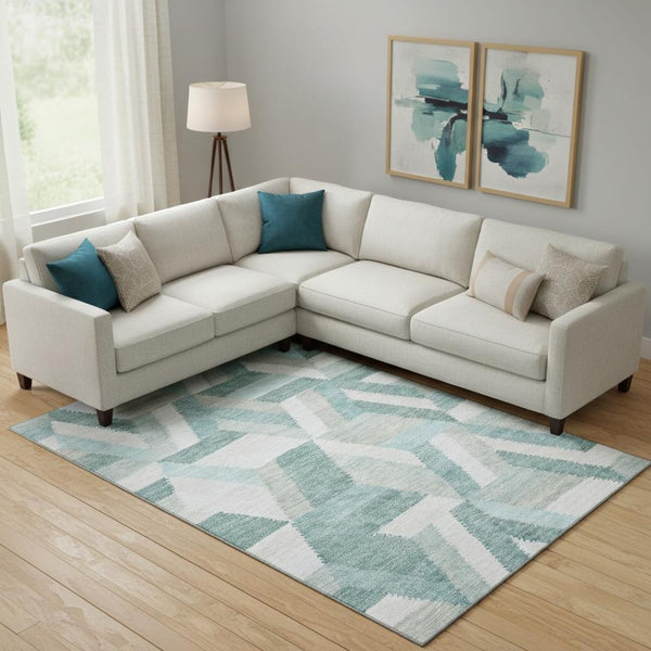 HomeRoots 10' X 14' Stylish Teal Ivory Gray Geometric Washable Area Rug with UV Protection for Modern Spaces 692466