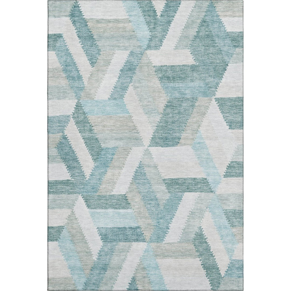 HomeRoots 10' X 14' Stylish Teal Ivory Gray Geometric Washable Area Rug with UV Protection for Modern Spaces 692466