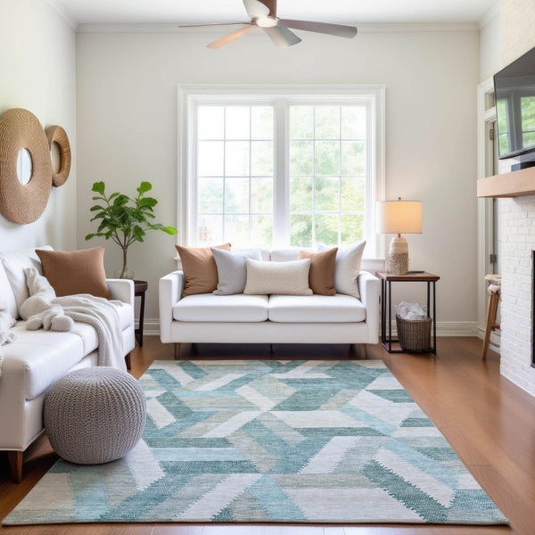 HomeRoots 10' X 14' Stylish Teal Ivory Gray Geometric Washable Area Rug with UV Protection for Modern Spaces 692466