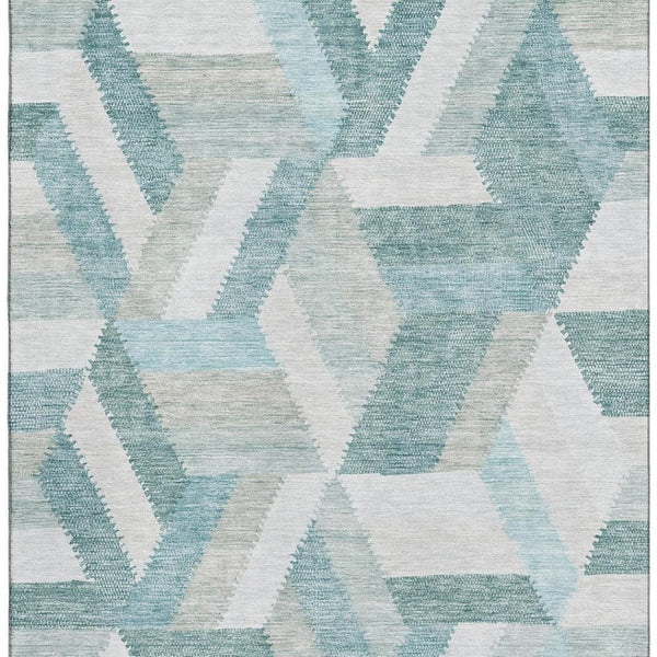 HomeRoots 10' X 14' Stylish Teal Ivory Gray Geometric Washable Area Rug with UV Protection for Modern Spaces 692466