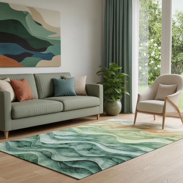 HomeRoots 5' X 8' Vibrant Teal, Peach & Lime Abstract Area Rug – Washable, UV Protected, Durable & Stylish 692468