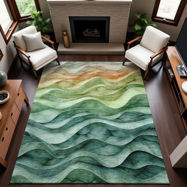 HomeRoots 5' X 8' Vibrant Teal, Peach & Lime Abstract Area Rug – Washable, UV Protected, Durable & Stylish 692468