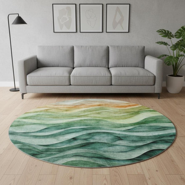HomeRoots 8' X 8' Vibrant Teal Peach Lime Green Abstract Washable Round Rug with UV Protection & Durability 692469