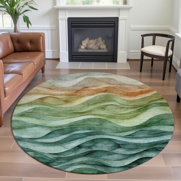HomeRoots 8' X 8' Vibrant Teal Peach Lime Green Abstract Washable Round Rug with UV Protection & Durability 692469