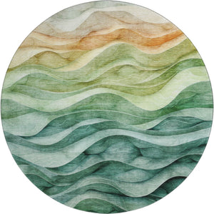 HomeRoots 8' X 8' Vibrant Teal Peach Lime Green Abstract Washable Round Rug with UV Protection & Durability 692469