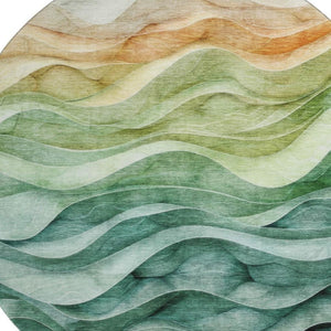 HomeRoots 8' X 8' Vibrant Teal Peach Lime Green Abstract Washable Round Rug with UV Protection & Durability 692469