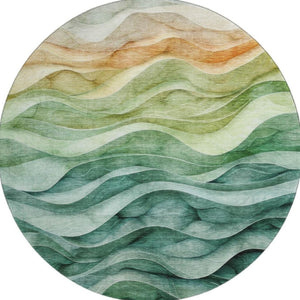 HomeRoots 8' X 8' Vibrant Teal Peach Lime Green Abstract Washable Round Rug with UV Protection & Durability 692469