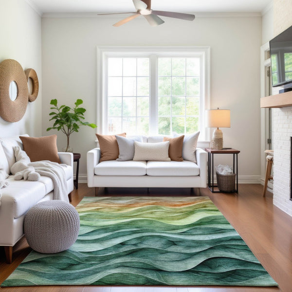 HomeRoots 9' X 12' Teal, Peach & Lime Green Abstract Area Rug - Stylish, Washable, UV-Protected & Durable! 692471