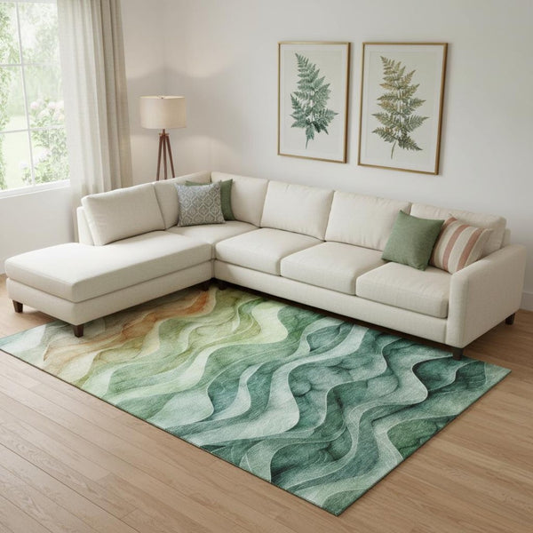 HomeRoots 10' X 14' Vibrant Teal, Peach & Lime Green Abstract Area Rug - Washable, UV Protected & Non-Slip! 692472