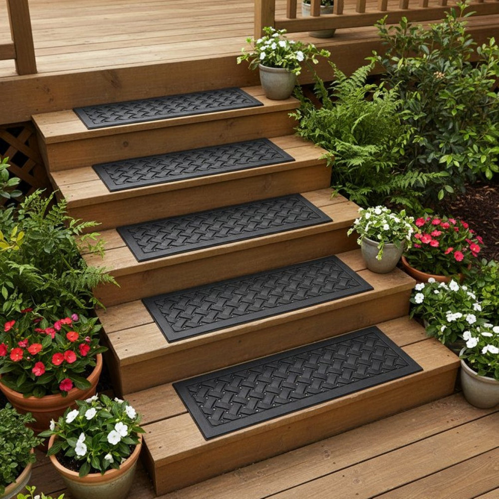 HomeRoots Set of Six Black Lattice Rubber Stair Treads for Safety, Style, and High-Traffic Durability Indoors/Outdoors 692473