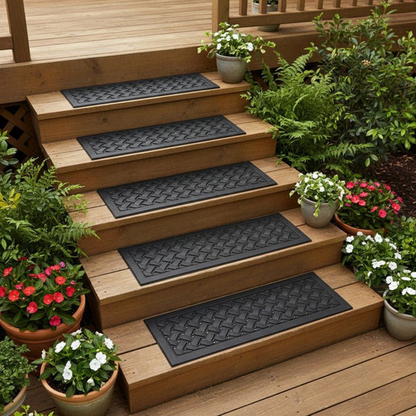 HomeRoots Set of Six Black Lattice Rubber Stair Treads for Safety, Style, and High-Traffic Durability Indoors/Outdoors 692473