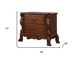 HomeRoots 31" Brown Wood Carved Nightstand - Elegant Two Drawer Design with Scrollwork for Versatile Bedroom Charm 692475