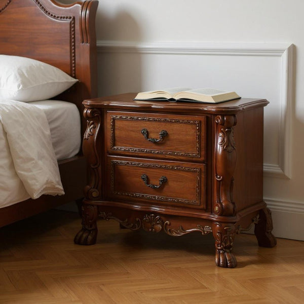 HomeRoots 31" Brown Wood Carved Nightstand - Elegant Two Drawer Design with Scrollwork for Versatile Bedroom Charm 692475