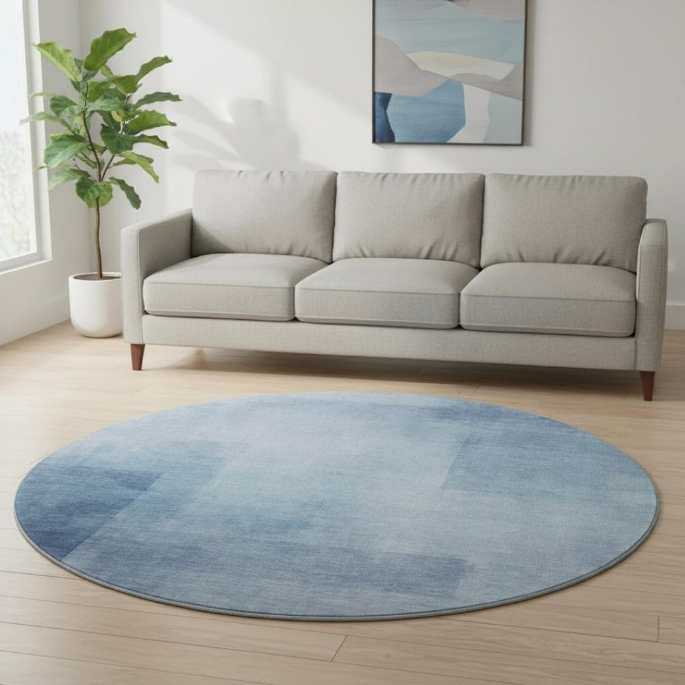 HomeRoots 8' Round Blue and Ivory Geometric Rug - Durable, Washable, UV-Protected, Perfect for Family Homes! 692484