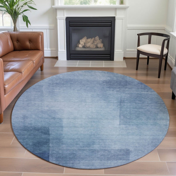 HomeRoots 8' Round Blue and Ivory Geometric Rug - Durable, Washable, UV-Protected, Perfect for Family Homes! 692484