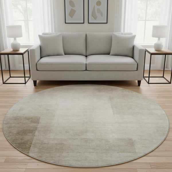 HomeRoots 8' X 8' Khaki and Ivory Geometric Washable Round Rug – Durable, Stylish, UV-Protected for Homes 692490