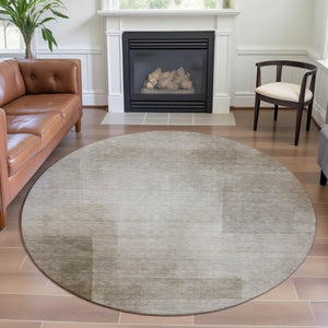HomeRoots 8' X 8' Khaki and Ivory Geometric Washable Round Rug – Durable, Stylish, UV-Protected for Homes 692490