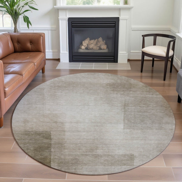 HomeRoots 8' X 8' Khaki and Ivory Geometric Washable Round Rug – Durable, Stylish, UV-Protected for Homes 692490