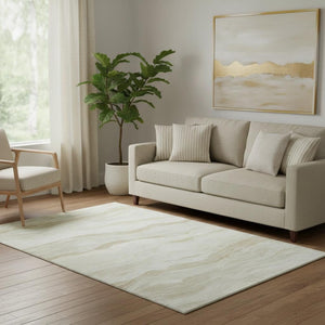 HomeRoots 5' X 8' Beige And Ivory Striped Area Rug - Washable, UV-Resistant, Durable for High-Traffic Spaces 692495