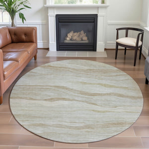 HomeRoots 8' X 8' Beige and Ivory Striped Washable Round Rug - Durable, Stylish, UV-Protected for Busy Homes 692496
