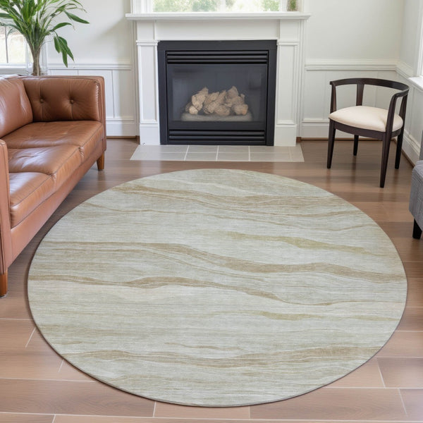 HomeRoots 8' X 8' Beige and Ivory Striped Washable Round Rug - Durable, Stylish, UV-Protected for Busy Homes 692496