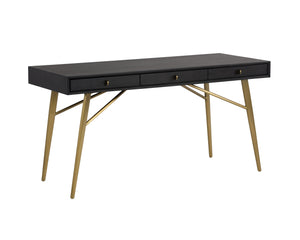 Sunpan Giana Desk - Rustic Acacia Wood Veneer with Smoked Grey Finish & Brass Pulls for Stylish Storage